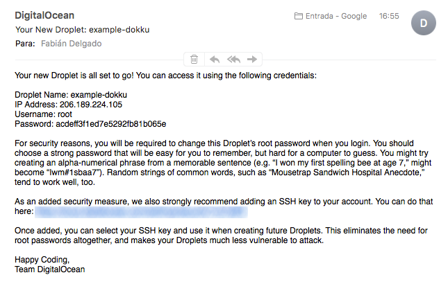 Mensaje de confirmación de Digitalocean